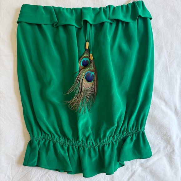 KARINA GRIMALDI 100% Silk Peacock Feather Tube Top Green Ruffle Boho Resort L - Picture 2 of 10